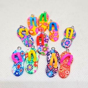 Colorful Flip Flop Charms - 10 Cute Charms- Colors Vary- Colorful Polymer Clay